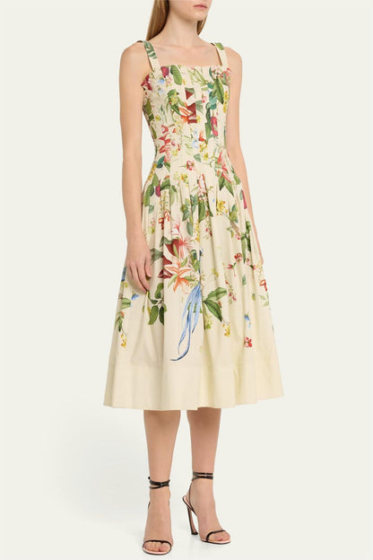 Cotton Floral Pleated Midi Dress