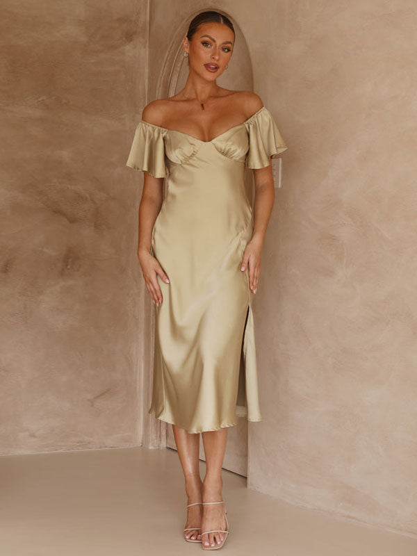 Summer Midi Dress Light Green Bateau Neck Satin Fabric Beach Dress