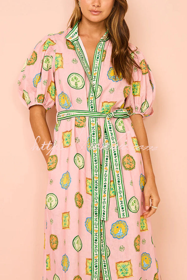 Orla Unique Print Balloon Sleeves Printed Belt Pocket Midi Dress