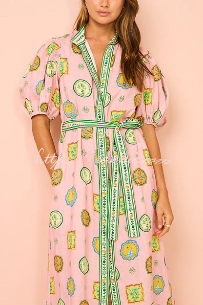 Orla Unique Print Balloon Sleeves Printed Belt Pocket Midi Dress