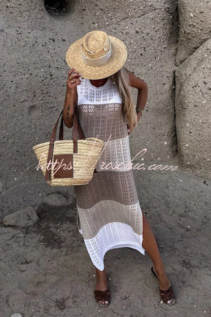 Alive and Free Knit Colorblock Hollow Out Slit Beach Midi Dress