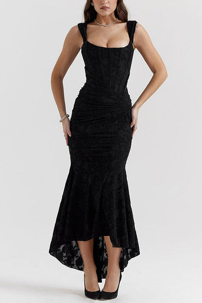 Sleeveless Ruched Waist Ruffle Hem Jacquard Maxi Dress