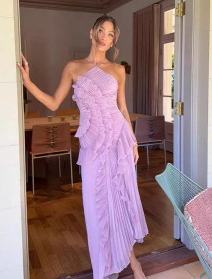 Halter Neck Pleated Maxi Dress – High-Quality Purple Vacation Dress