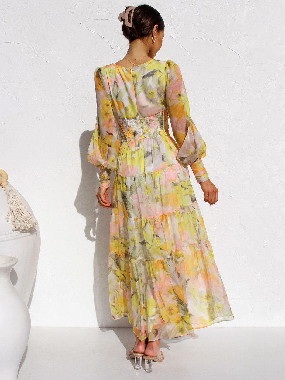 Maxi Dress V-Neck Long Sleeves Bohemian Floral Print Layered Pleated Long Dress
