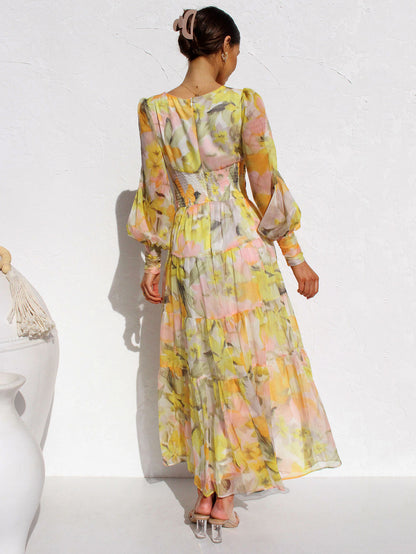 Maxi Dress V-Neck Long Sleeves Bohemian Floral Print Layered Pleated Long Dress