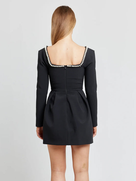Black Mini Dress Sqaure Neck Long Sleeves Contrast Trim Graduation Dresses