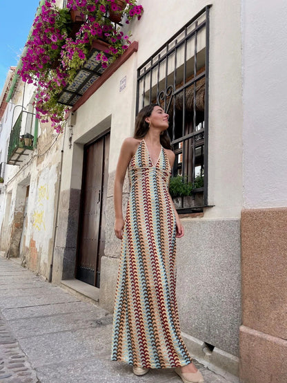 Halter V Neck Backless Boho Pattern Knit Slim-Fit Vacation Maxi Dresses