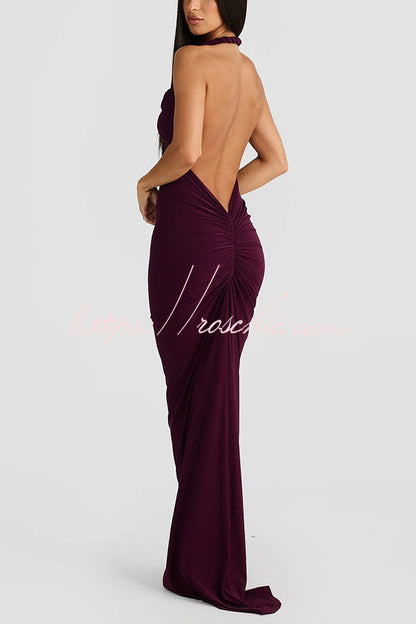 Sexy Halter Neck Open Back Pleated Slim Fit Maxi Dress