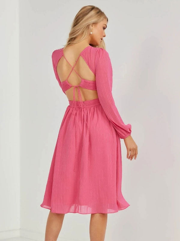 Summer Midi Dress Pink V-Neck Cut Out Beach Dress