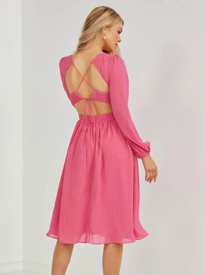 Summer Midi Dress Pink V-Neck Cut Out Beach Dress