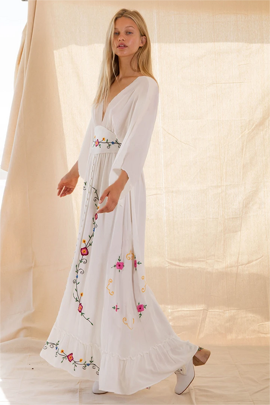 Floral Embroidered V-Neck Midi Dress