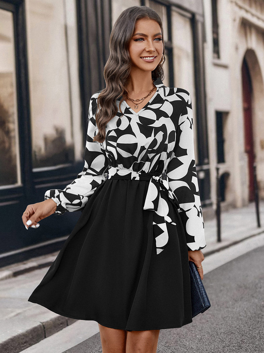 Flared Dresses V-Neck Long Sleeves V-Neck Belted Printed Mini Dress