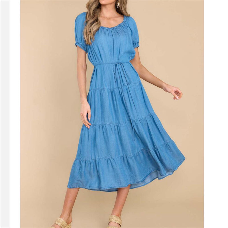 Solid Color Thin Waist Denim Maxi Dress in Blue