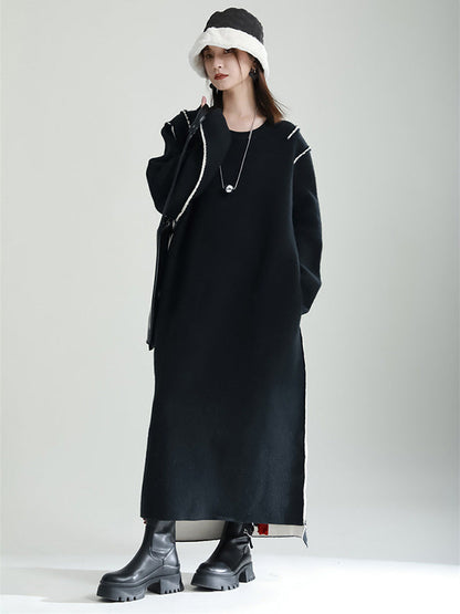 Casual Long Sleeves Loose Solid Color Round-Neck Sweater Dresses