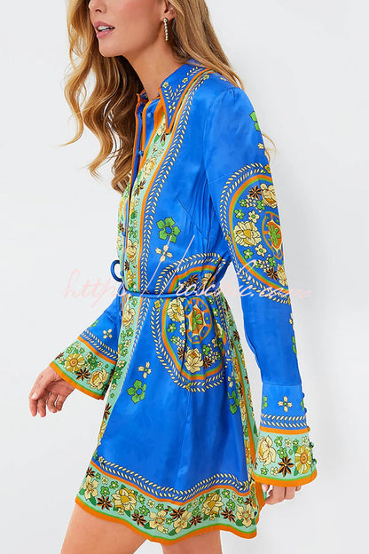 Katia Satin Unique Print Shaped Collar Tie-up Waist Shirt Mini Dress