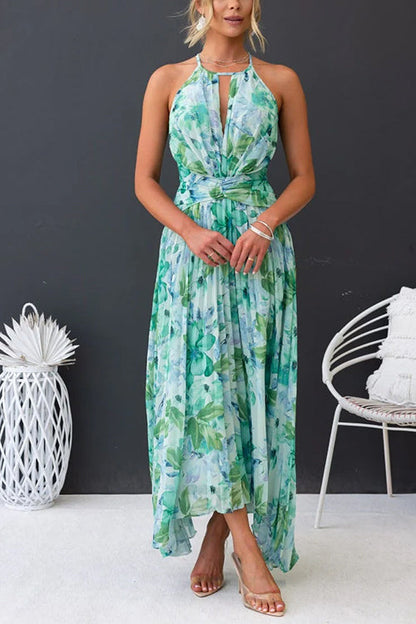 V Neck Waisted Cut Out Floral Pleated Maxi Dress
