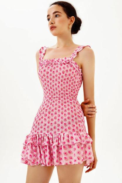 Floral Smocked Elastic Peplum Ruffle Hem Cami Mini Dress