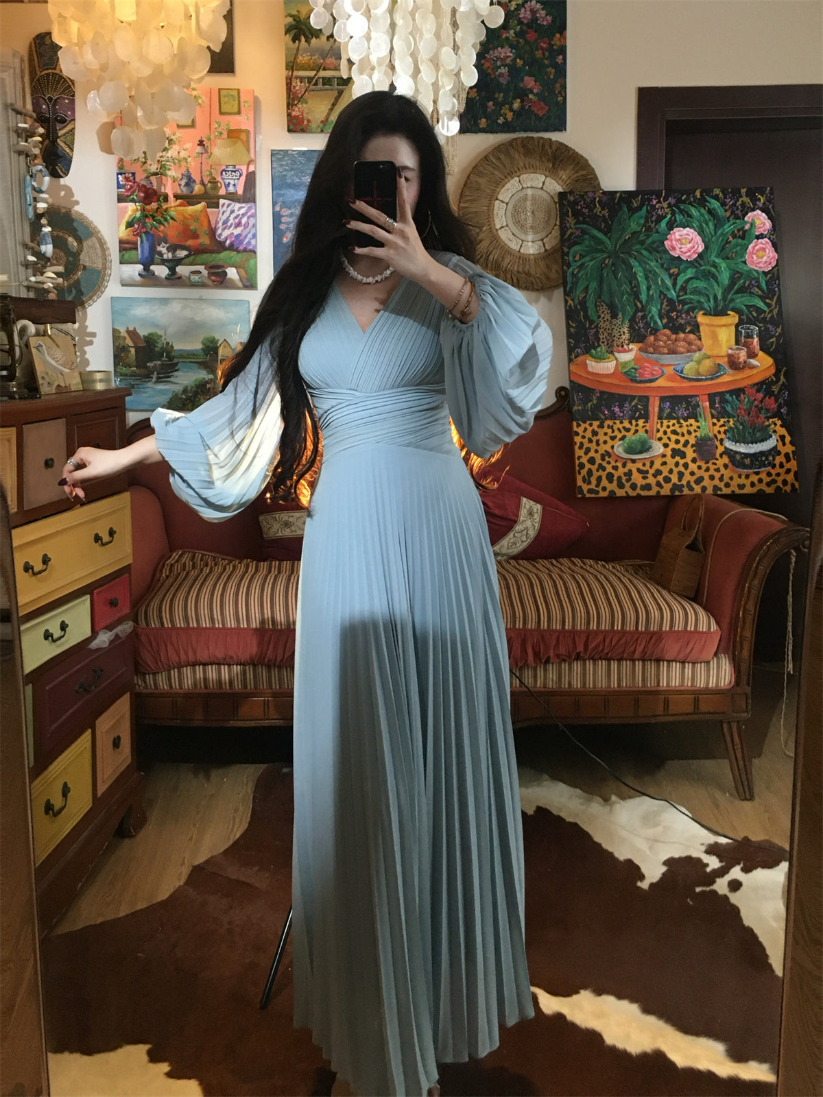 Misty Blue Pleated Panel Maxi Dress –   Flowy Elegant Slimming Gown gunne sax vintage dress