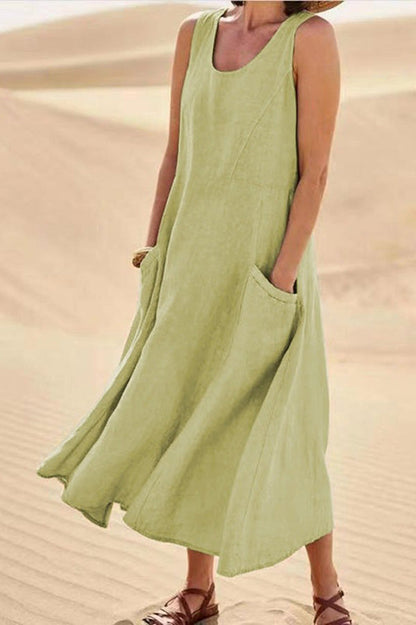 Solid Sleeveless Pocket Loose Comfort Midi Dress