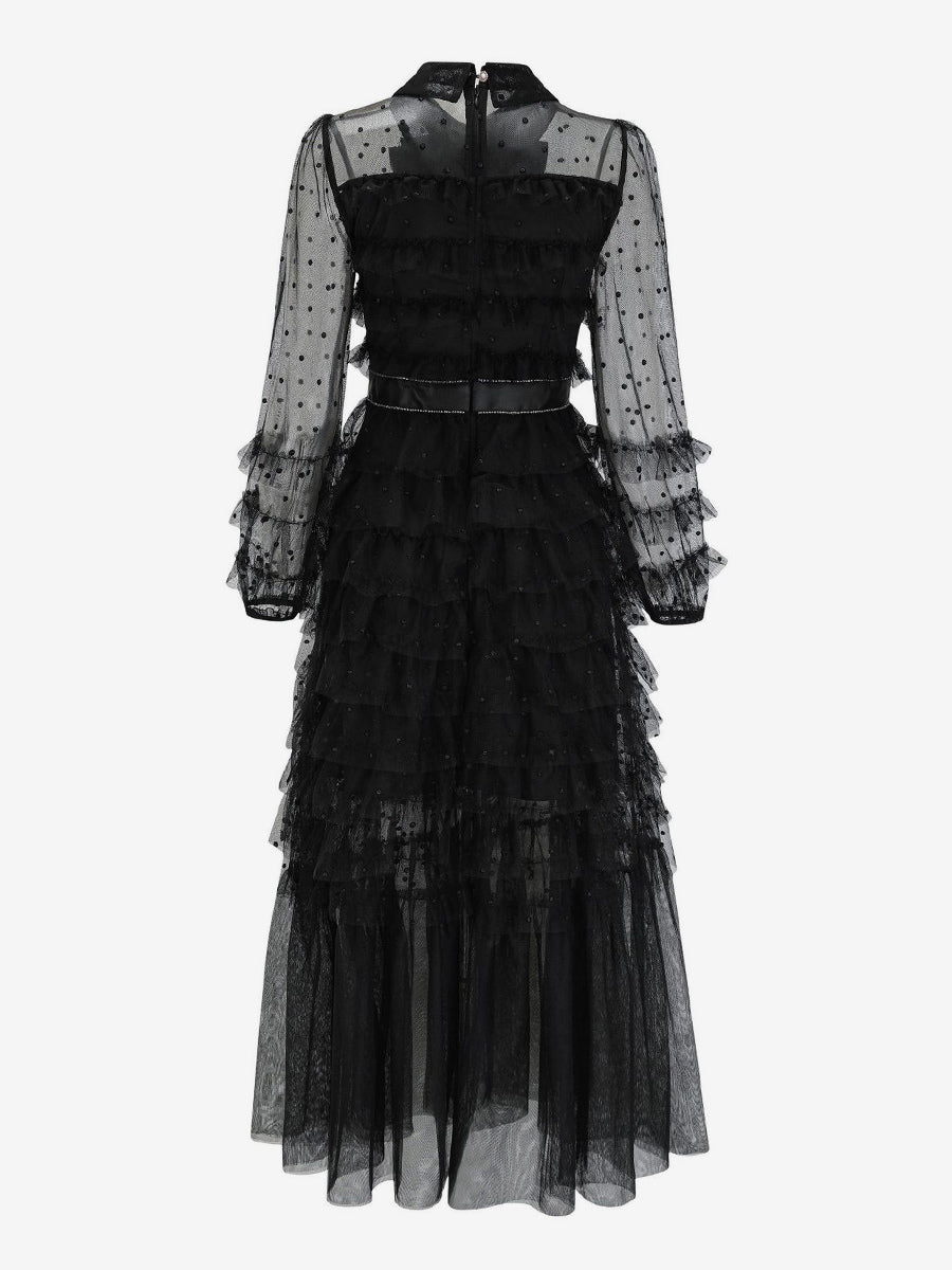 Black Layering Dress High Collar Bow Tie Polka Dot Party Maxi Dresses