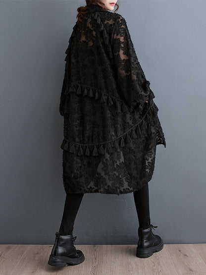 A-line High-low Buttoned Flower Print Solid Color Split-Joint Split-side Tasseled Lapel Midi Dresses
