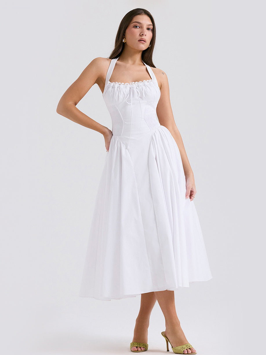 Corset Dress Halter Eyelet trim Lace Up Front Pleated Party Midi Dresses