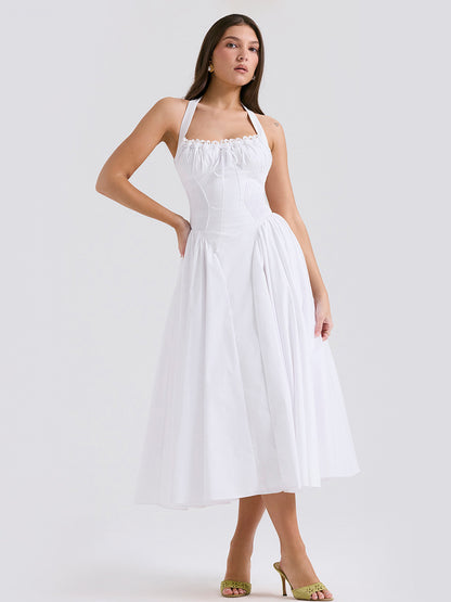Corset Dress Halter Eyelet trim Lace Up Front Pleated Party Midi Dresses