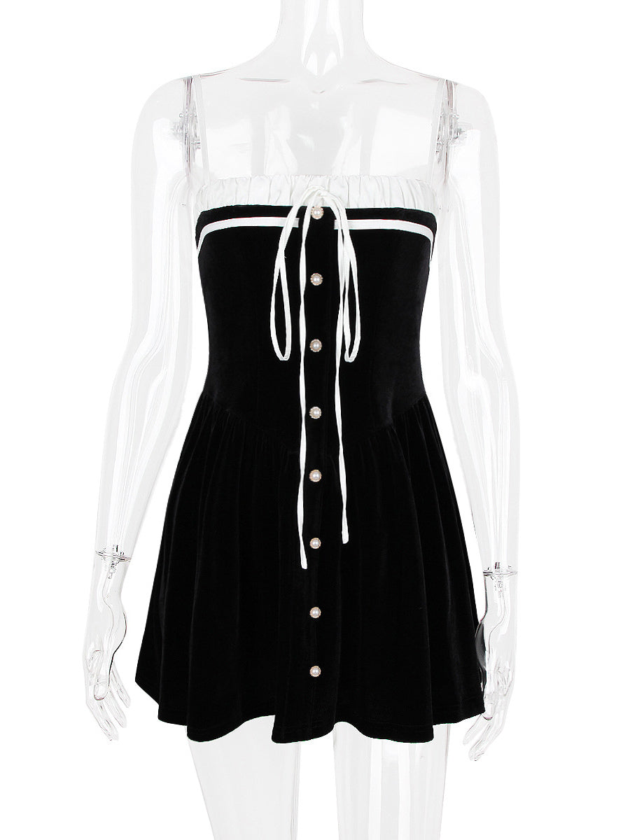 Velvet Dress Black Irregular Ruffles Daily Casual Sleeveless Two-Tone Straps Neck Summer Short Mini Dresses