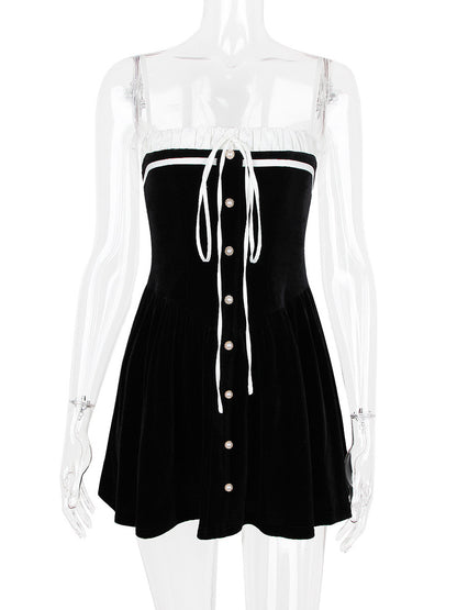 Velvet Dress Black Irregular Ruffles Daily Casual Sleeveless Two-Tone Straps Neck Summer Short Mini Dresses