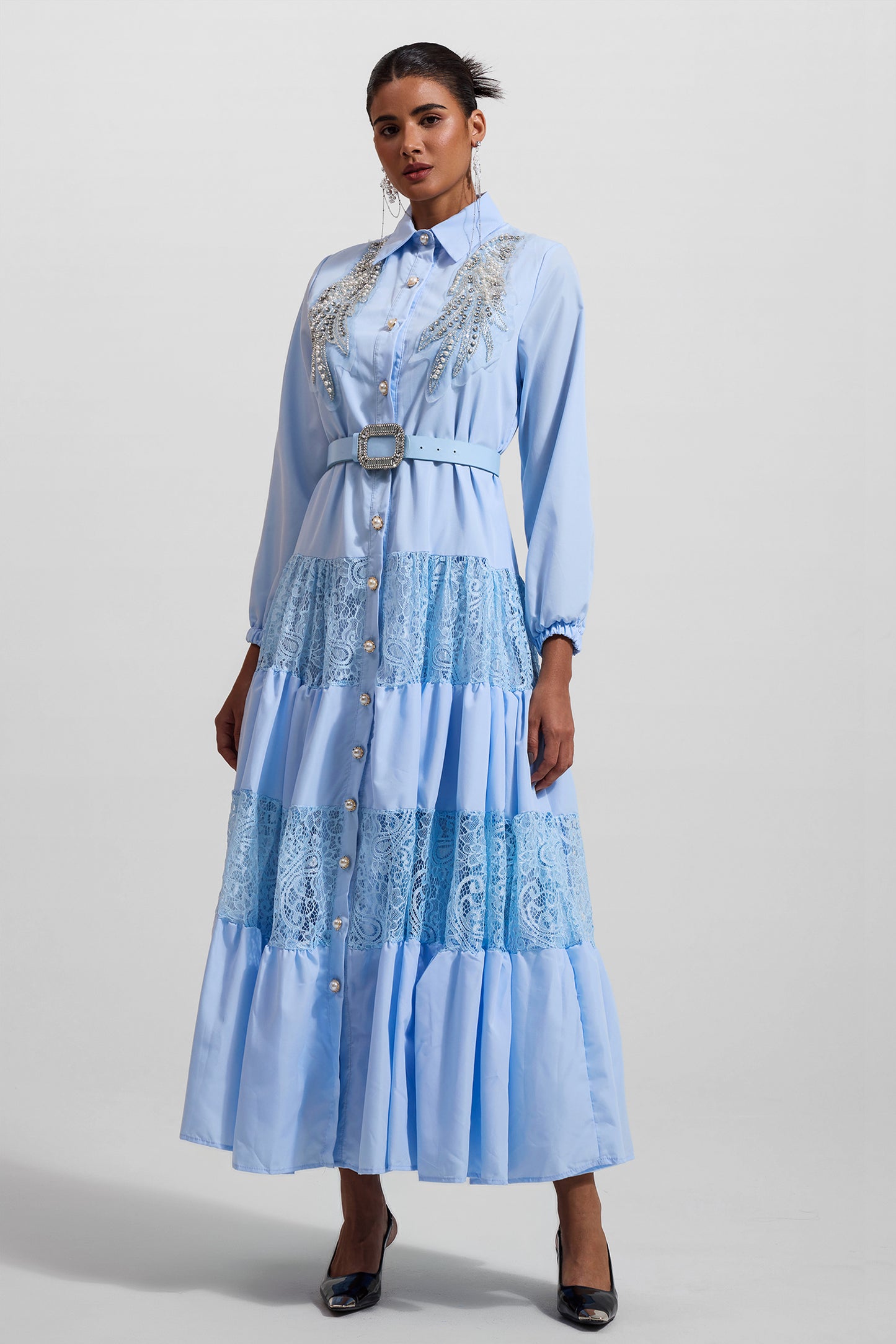 Solid Lace Embroidered Rhinestone Lantern Sleeve Midi Dress