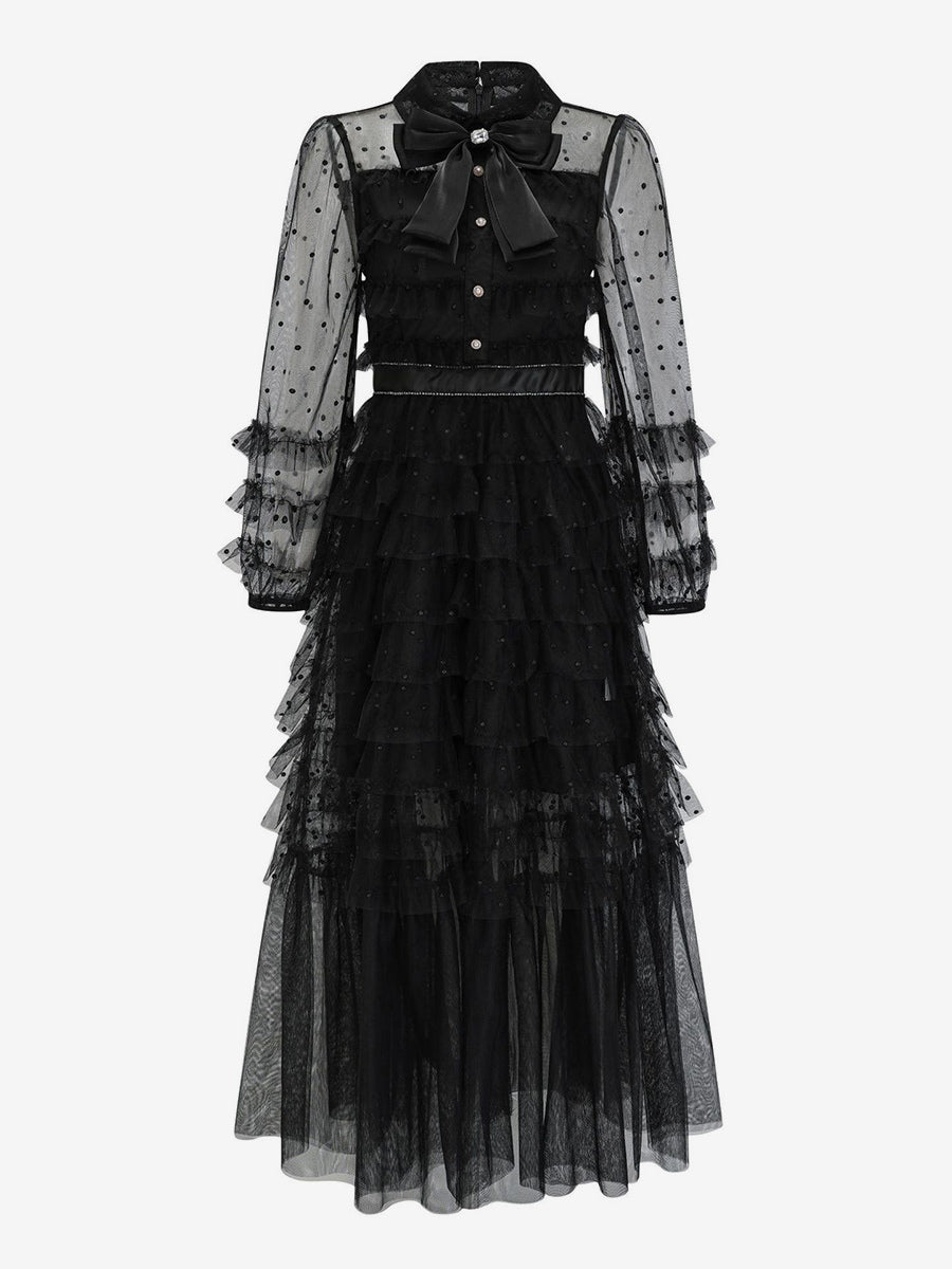 Black Layering Dress High Collar Bow Tie Polka Dot Party Maxi Dresses