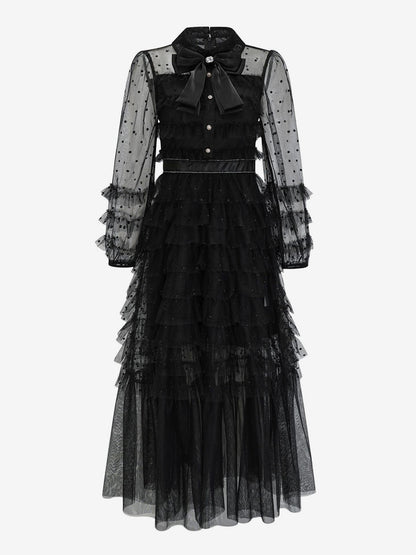 Black Layering Dress High Collar Bow Tie Polka Dot Party Maxi Dresses