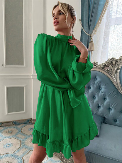 Tossy Ruffled Lace-Up Slim Mini Dress Women Long Sleeve Elegant Patchwork Casual Solid Dress