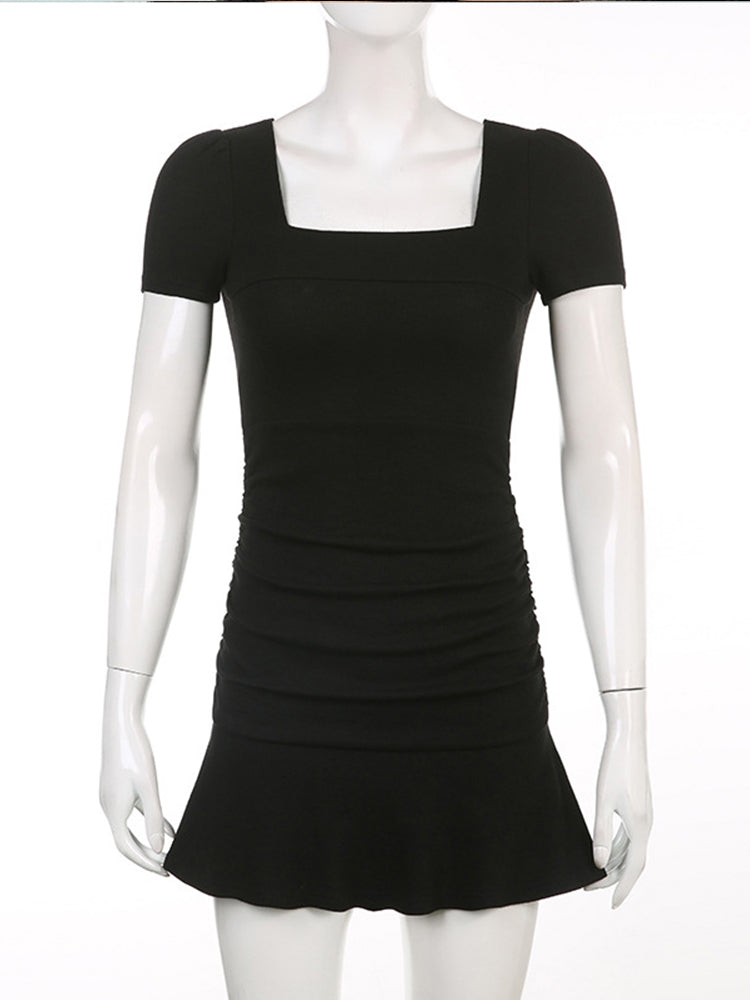 Solid Ribbed Square Collar Dress Casual Black Short Sleeve Ruffles Patchwork Mini Dresses for Women Korean Fashion Style