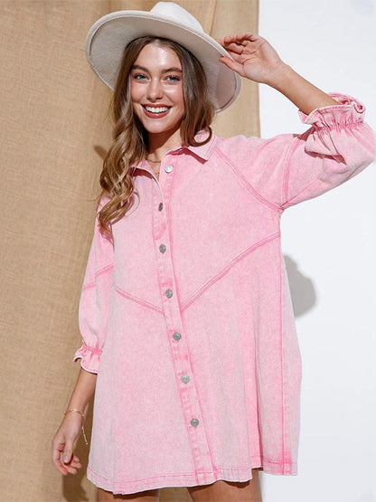 Gathered Sleeves Dresses Front Buttons Solid Color Mini Dress
