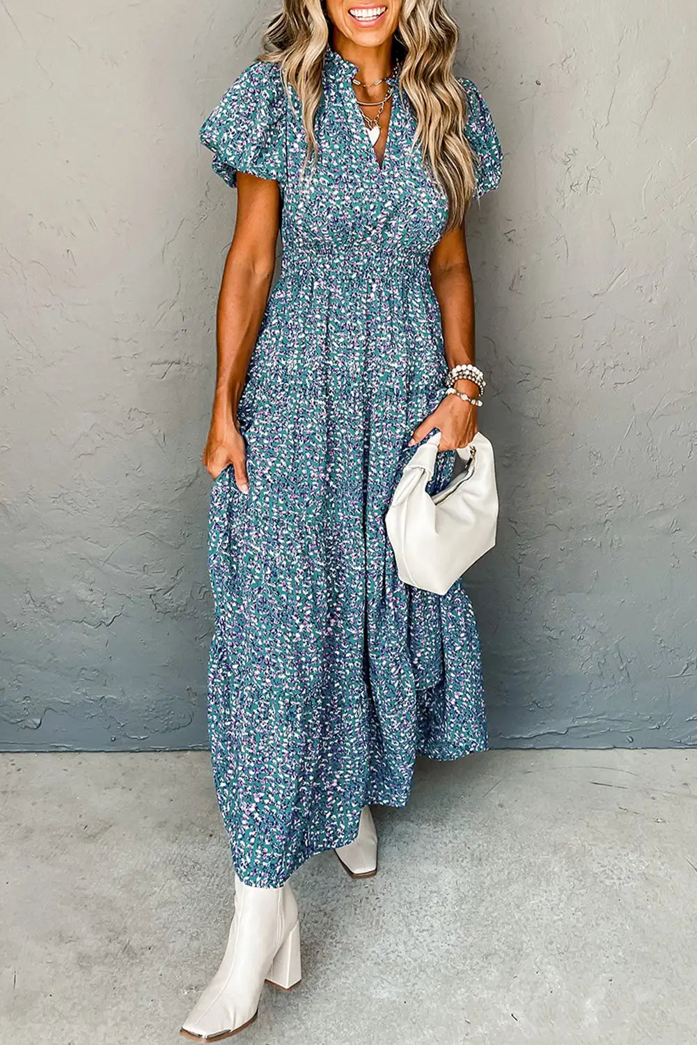 chic blue printed v neck maxi dress