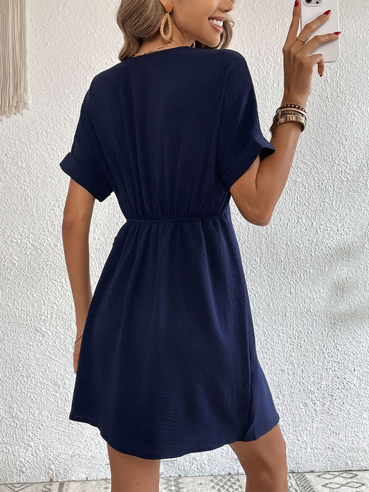 Mini Dresses Dark Navy Short Sleeves Lace Up Short Dress