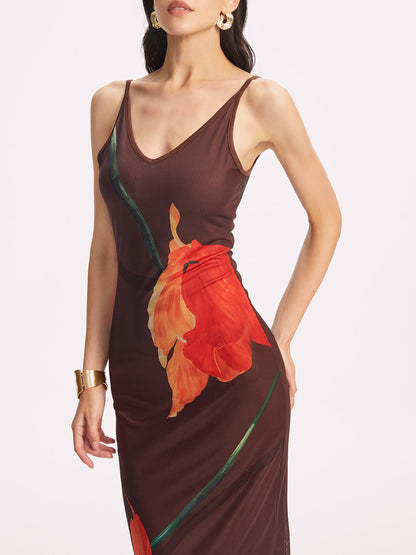 V-Neck Floral Print Midi Dress
