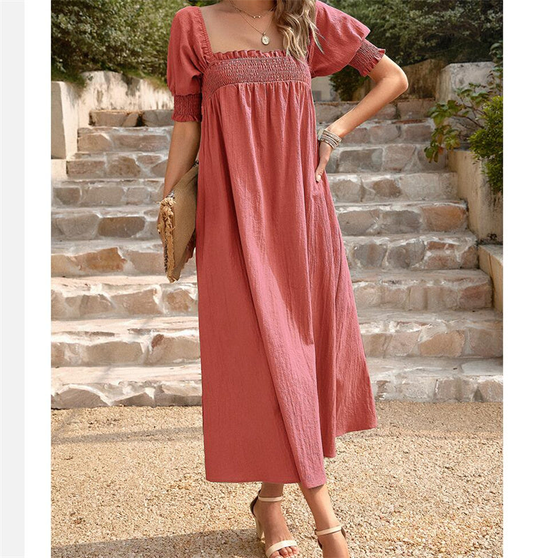 Solid Color Square Neck Maxi Dress in Apricot Green Khaki Orange
