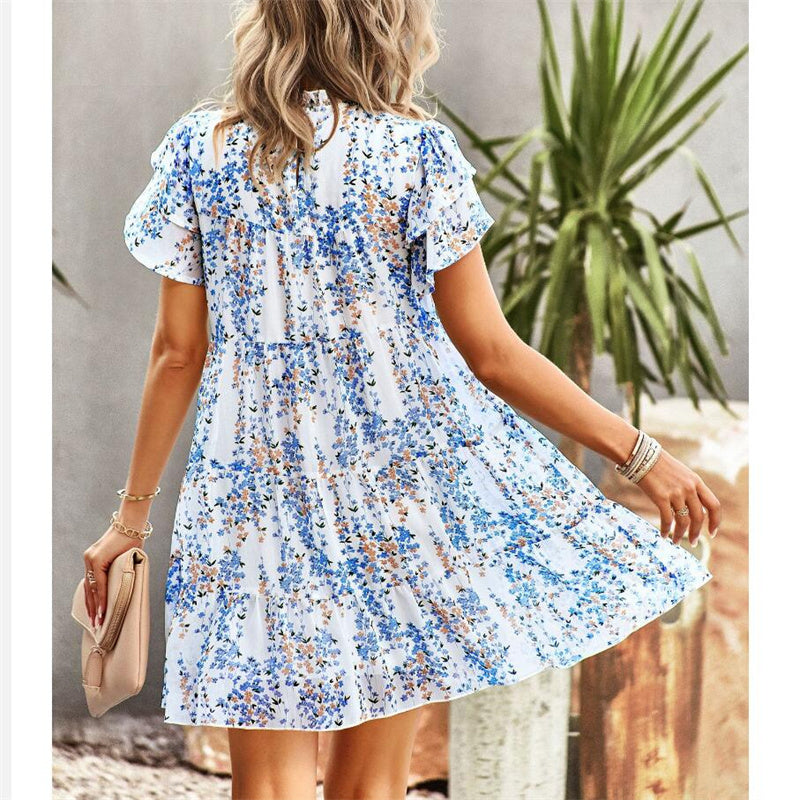 Bohemian Print Mini Dress with Round Neck for Women