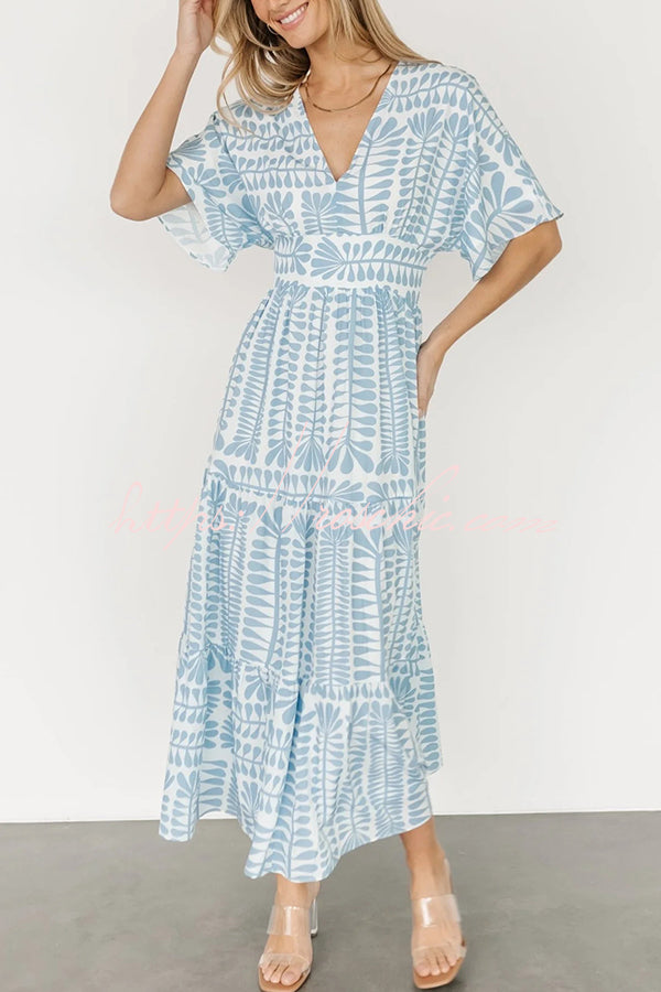 Bohemian Style Unique Printed Short Sleeve High Waist Midi Dress