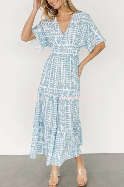 Bohemian Style Unique Printed Short Sleeve High Waist Midi Dress