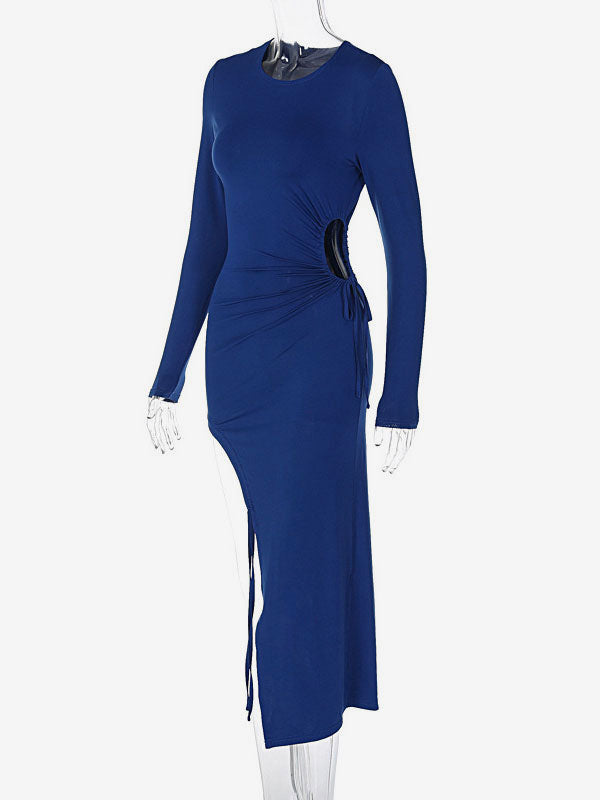 Jewel Neck Midi Dress Long Sleeves Sexy Lace Up Long Dress