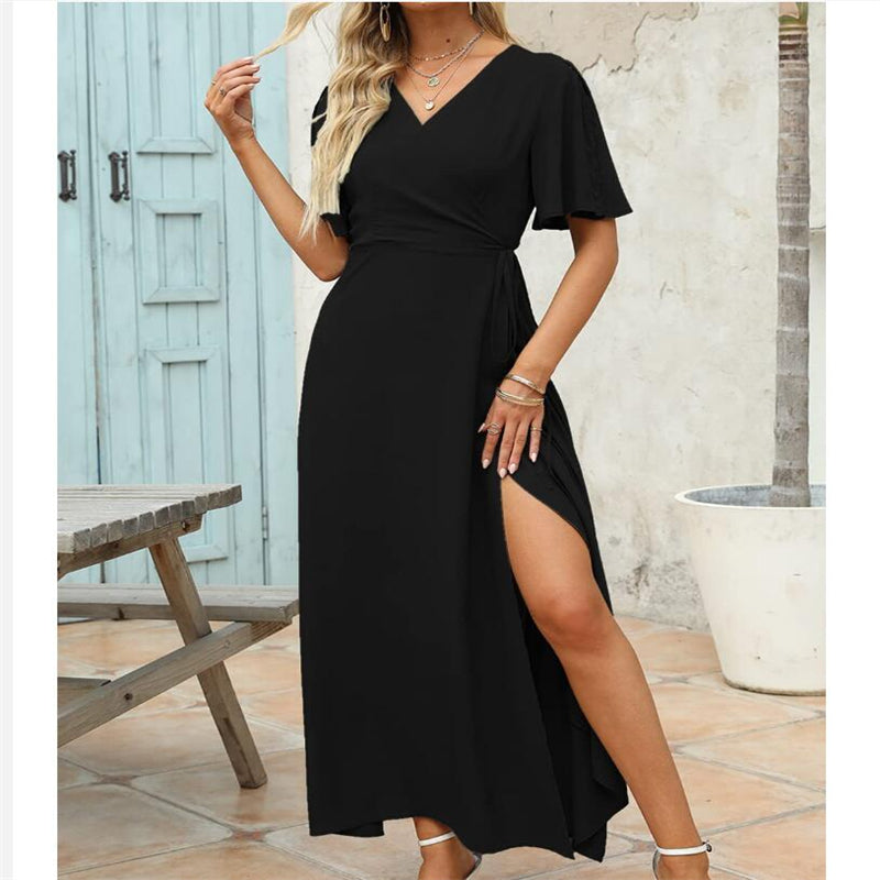 Solid Color V-Neck Slit Maxi Dress for Effortless Style