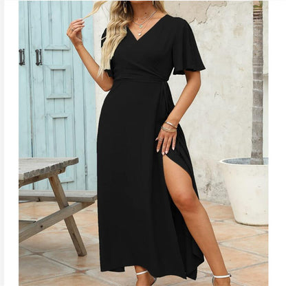 Solid Color V-Neck Slit Maxi Dress for Effortless Style