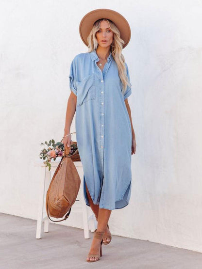 Shirt Midi Dress Light Sky Blue V-Neck Short Sleeves Dress