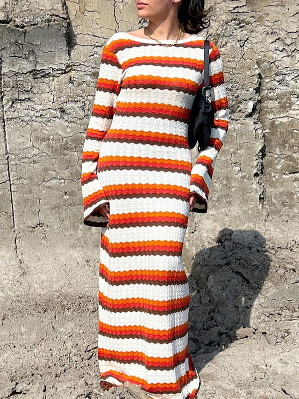 Long Sleeves Loose Backless Split-Joint Striped Round-Neck Maxi Dresses Sweater Dresses