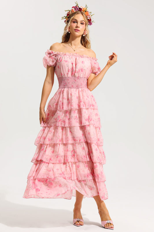 Floral Ruffle Pleated Off-Shoulder Midi Dress Pink