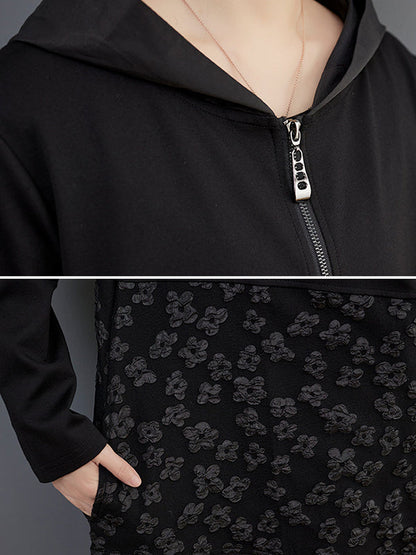 Casual Loose Long Sleeves Velvet Floral Printed Zipper Hooded Outerwear