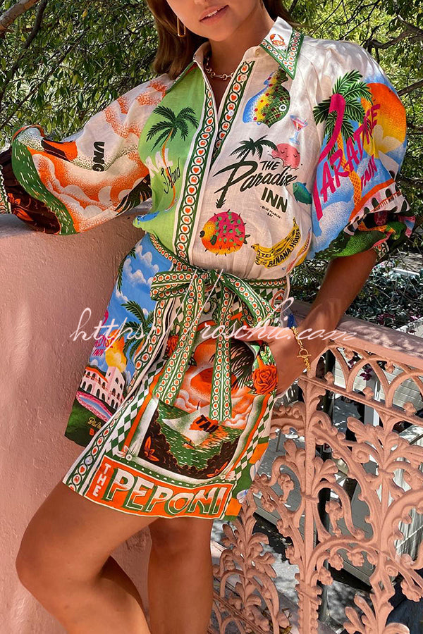 Summer Sophistication Linen Blend Unique Print Belted Pocket Shirt Mini Dress